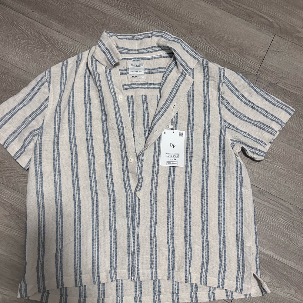 Denim & Flower Cream and Blue Striped Short Sleeve Dress Shirt